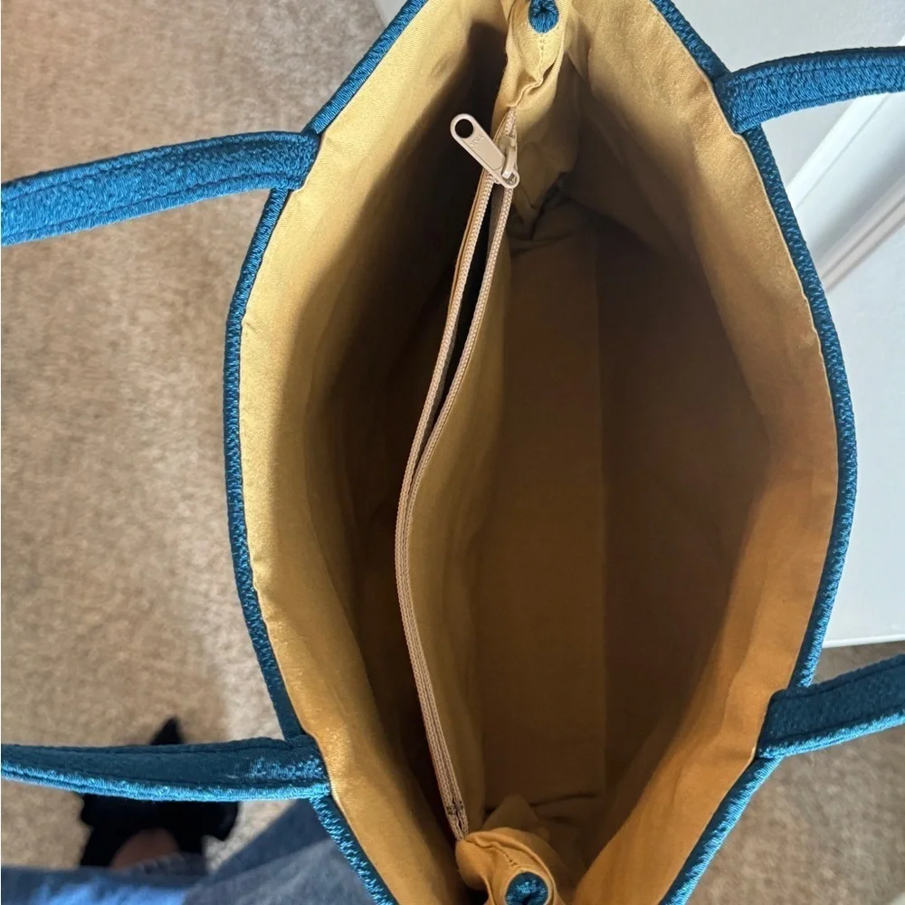 Teal-colored‎ handbag bag featuring intricate floral embroidery